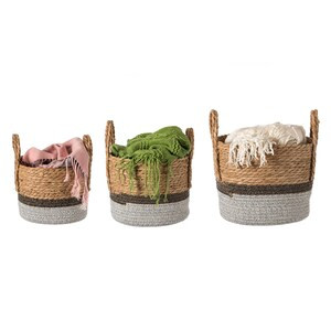 Vintiquewise Straw Decorative Round Storage Basket Set of 3 with Woven Handles - 19" x 13" x 13"-A2ZHOME