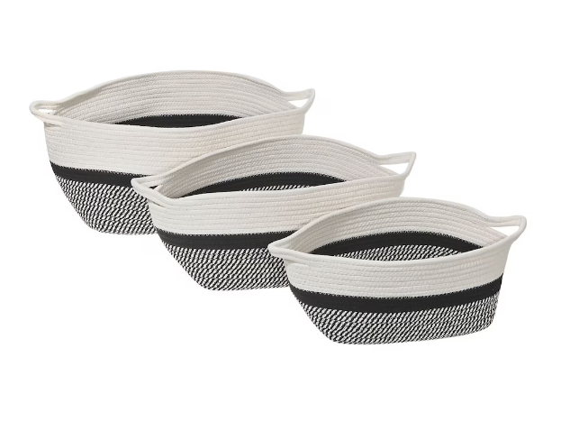 IH Casa Decor 3-Piece Oval Nesting Cotton Rope Basket with Handle in Black+White - 14" x 11" x 18"-A2ZHOME