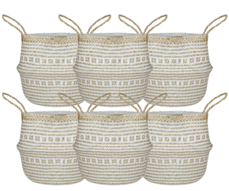Northlight 17" Beige and White Large Seagrass Belly Basket with Handles - 8" x 13" x 8"(6/CASE)-A2ZHOME