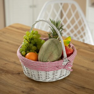 Wickerwise White Round Willow Gift Basket with Pink and White Gingham Liner - Medium - 13" x 9" x 13" - (6/CASE)-A2ZHOME