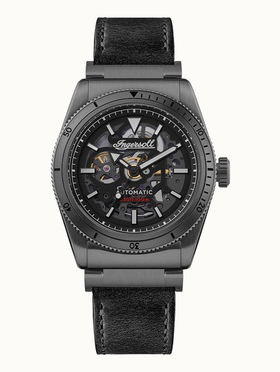 Ingersoll The Scovill Black Leather Strap Black Skeleton Dial Automatic I13902 100m Men's Watch