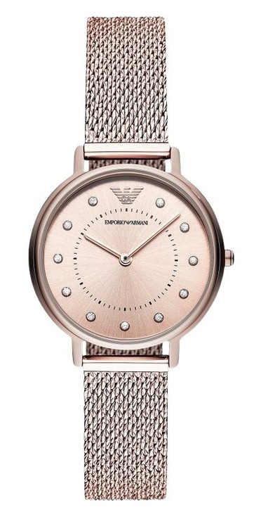 Emporio Armani Kappa Crystal Accents Stainless Steel Mesh Rose Gold Dial Quartz Ar11129 Women's Watch