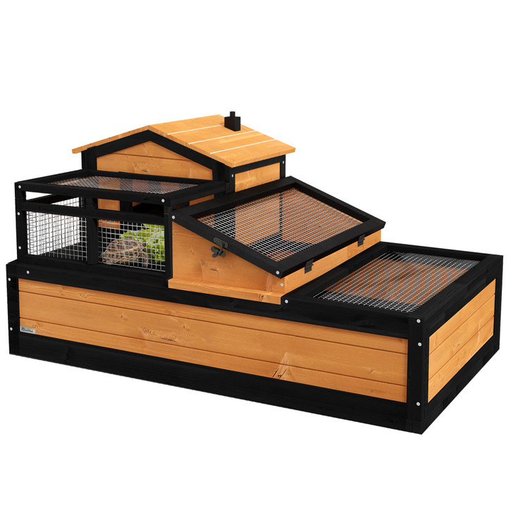 A2ZHOME PawHut 3-Room Tortoise House Habitat with Balcony & 2 Stories, Indoor/Outdoor Wooden Tortoise Enclosure with Ladder, Tray, Openable Roof, Large Reptile Cage, 44" x 25.5" x 23", Yellow