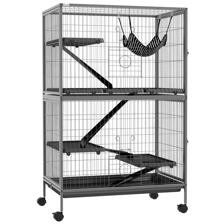 A2ZHOME PawHut 50" 5-Tier Small Animal Cage, Ferret Cage, Large Chinchilla Cage with Hammock Accessory & Heavy-Duty Steel Wire, Small Animal Habitat with 4 Doors, Removable Tray, Gray
