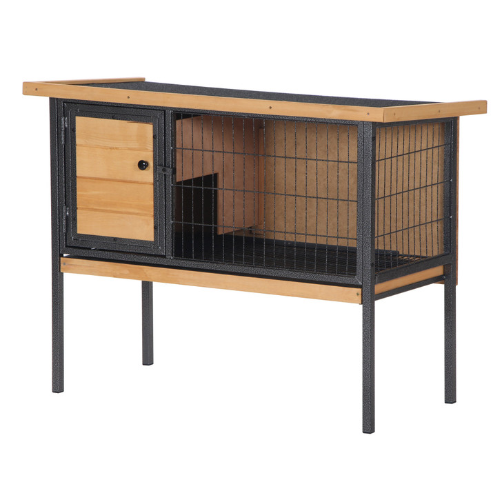 A2ZHOME PawHut Rabbit Hutch Elevated Bunny Cage Small Animal Habitat with Metal Frame, No Leak Tray, Mtetal Wire Pan and Openable Water-Resistant Asphalt Roof for Indoor/Outdoor Natural Wood