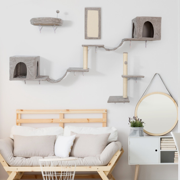 A2ZHOME Wall-mounted Cat Tree, Cat Furniture with 2 Cat Condos House, 3 Cat Wall Shelves, 2 Ladder, 1 Cat Perch, Sisal Cat Scratching Posts and Pad