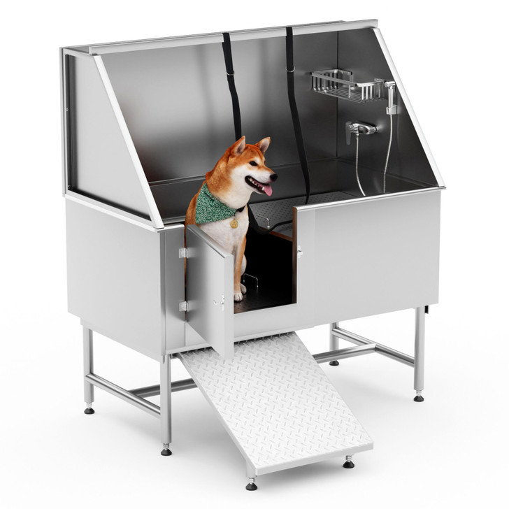 A2ZHOME Pet Bathtub - 50 Inch Professional Dog Rinse Station (Left Side Ramp) with Faucet, Leash and Other Accessories, Adjustable Legs, Pet Wash Station for Dogs of All Sizes,50.2"L x 27.6"W x 60.2"H