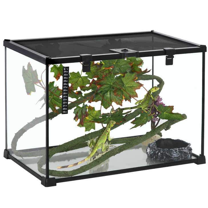 A2ZHOME PawHut 14 Gallon Reptile Glass Terrarium Tank with Decor Kit, Breeding Box Full View with Visually Appealing Sliding Screen Top for Lizards, Frogs, Snakes, Spiders, 20" x 12" x 14", Black