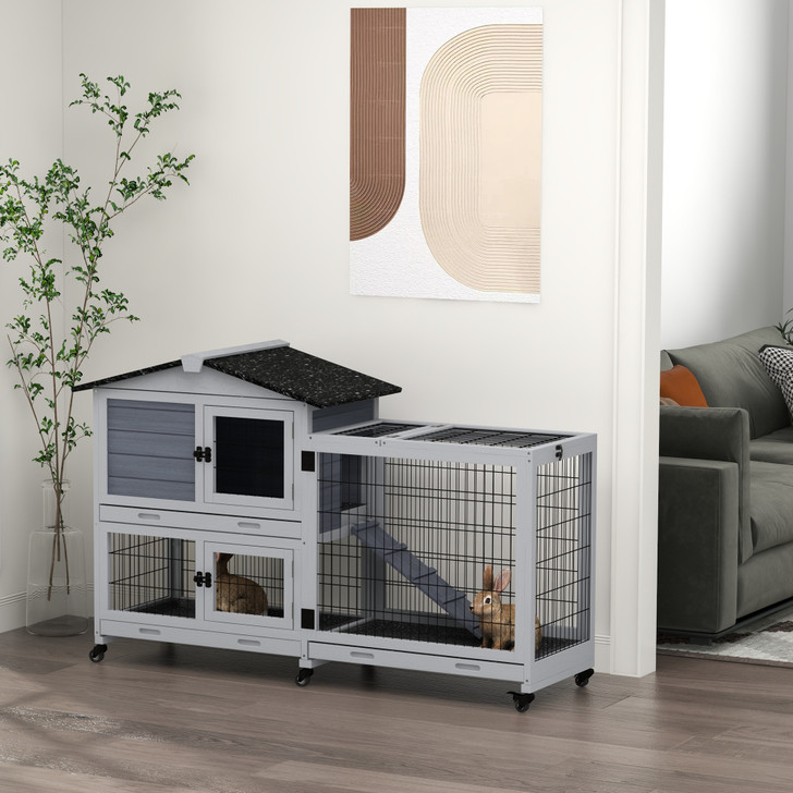 A2ZHOME PawHut Rabbit Hutch 2-Story Bunny Cage Small Animal House with Slide Out Tray, Wheels, for Indoor Outdoor, 59.8" x 20.9" x 39.2", Gray