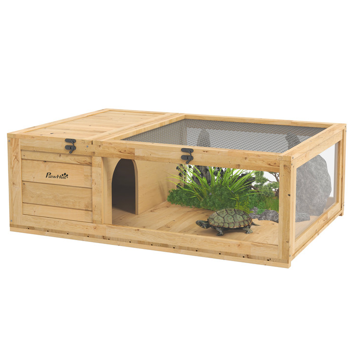 A2ZHOME PawHut Wooden Tortoise House Indoor Turtle Habitat Enclosure Outdoor Reptile Cage for Lizards, Geckos, Yellow