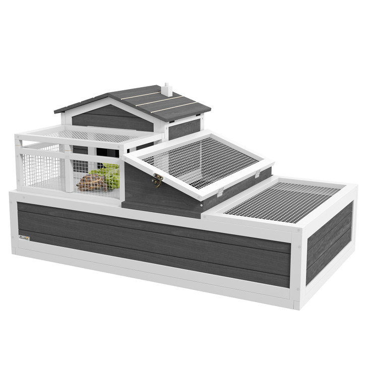 A2ZHOME PawHut 3-Room Tortoise House Habitat with Balcony & 2 Stories, Indoor/Outdoor Wooden Tortoise Enclosure with Ladder, Tray, Openable Roof, Large Reptile Cage, 44" x 25.5" x 23", Gray