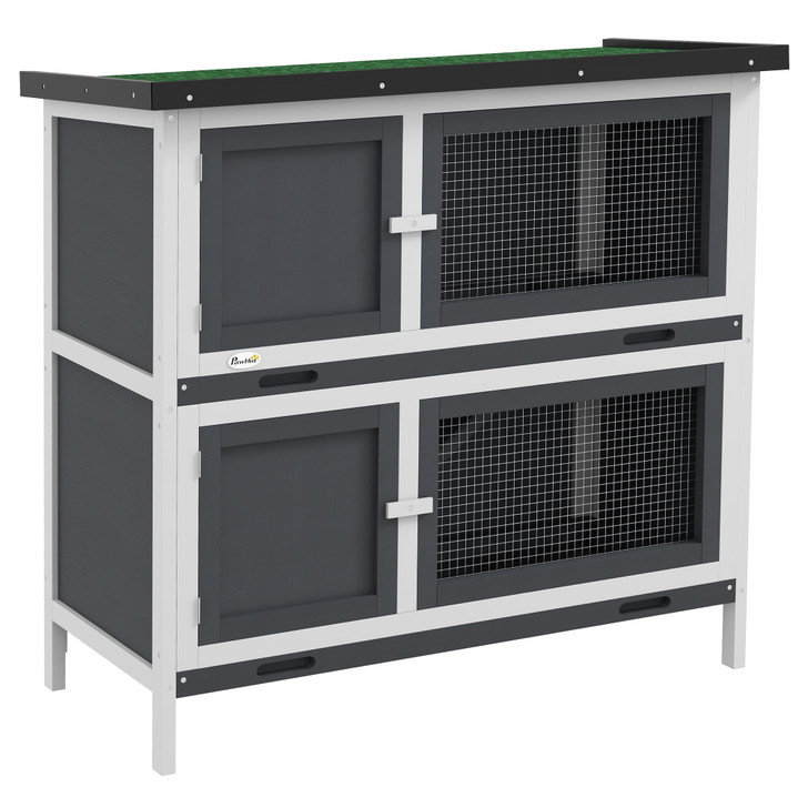 A2ZHOME PawHut Wooden Bunny Rabbit Hutch, Small Animal Habitat with Ramp, Removable Tray & Weatherproof Roof, Indoor/Outdoor, Gray