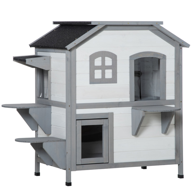 A2ZHOME PawHut 2-story Cat House Outdoor, Weatherproof Wooden Cat Enclosure for Feral Cats with Escape Door, Openable Roof, Jumping Platforms, White