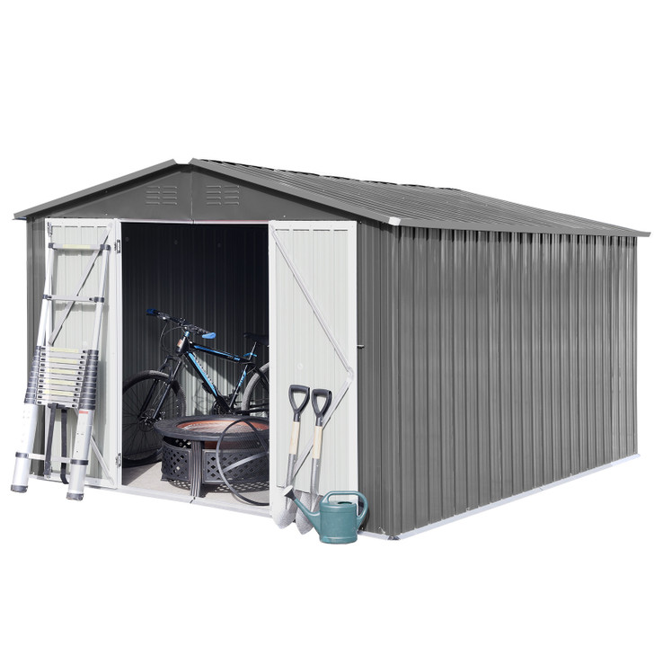 A2ZHOME 10ft x 12ft Metal Garden Shed: Spacious and Durable Outdoor Storage Solution in Grey