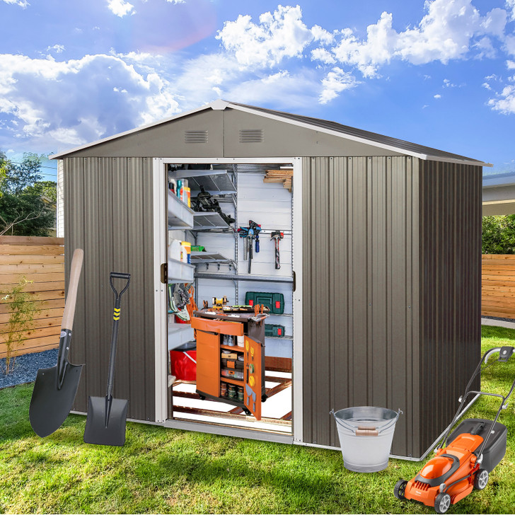 A2ZHOME 8ft x 6ft Outdoor Metal Storage Shed with Floor Base: Sturdy and Stylish Storage Solution in Gray