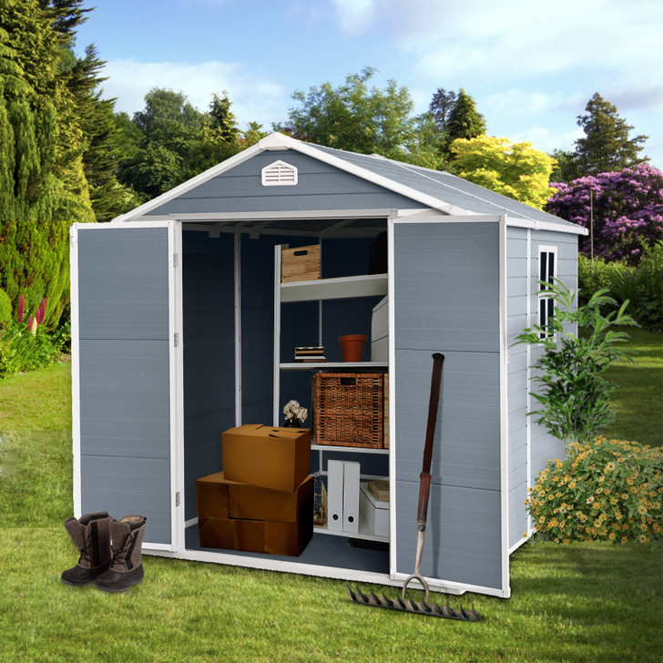 A2ZHOME 6x8ft Resin Outdoor Storage Shed Kit: Ideal Solution for Storing Patio Furniture in Grey