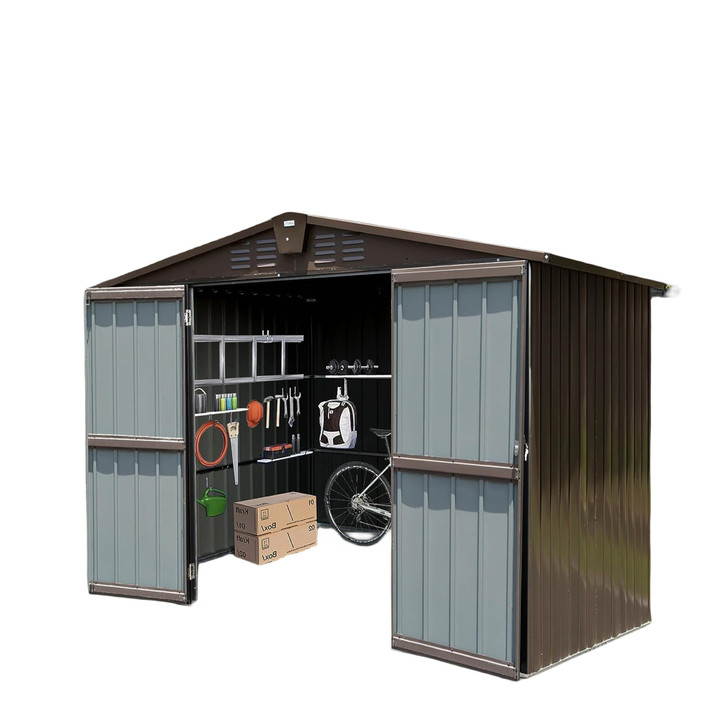 A2ZHOME Outdoor Storage Shed 10'x8': Spacious Metal Tool Shed with Lockable Double Doors in Brown
