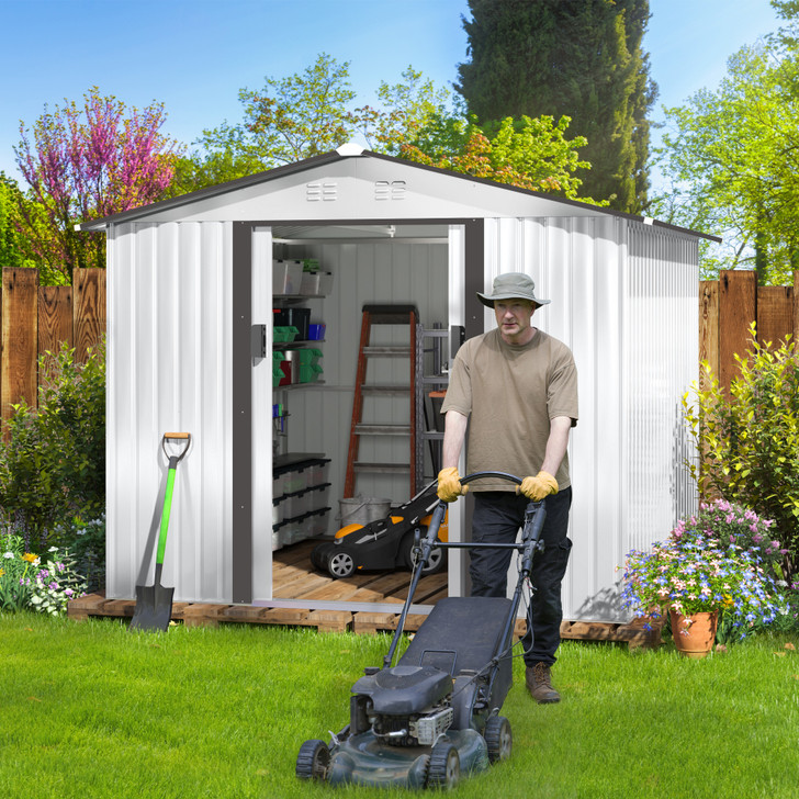 A2ZHOME 8' x 8' Outdoor Metal Garden Shed with Double Sliding Doors: Spacious, Durable, and Ventilated Storage Solution