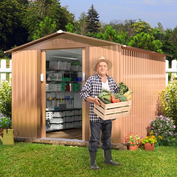 A2ZHOME 8' x 8' Outdoor Storage Shed Double Sliding Doors: Durable, Spacious, and Ventilated Storage in a Stylish Coffee Finish