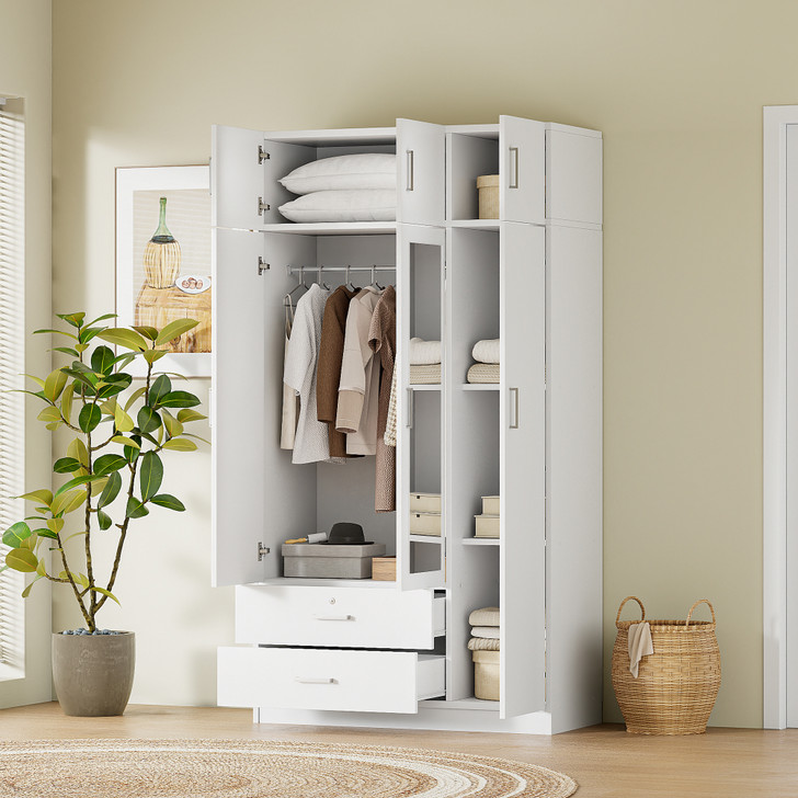 A2ZHOME 3-Door Mirror Wardrobe with 2 Drawers and Top Cabinet - Sleek Storage Solution for Your Bedroom