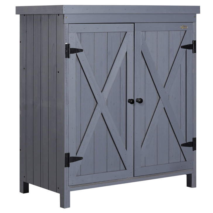 A2ZHOME Garden Storage Cabinet - Outdoor Tool Shed with Galvanized Top and Two Shelves for Yard Tools or Pool Accessories, Grey