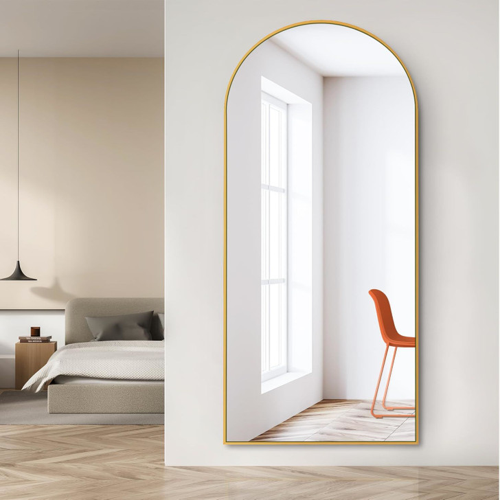 A2ZHOME Dolonm 71x24 Inch Arch Full Length Mirror – Modern Design Standing Floor Mirror with Gold Wooden Frame