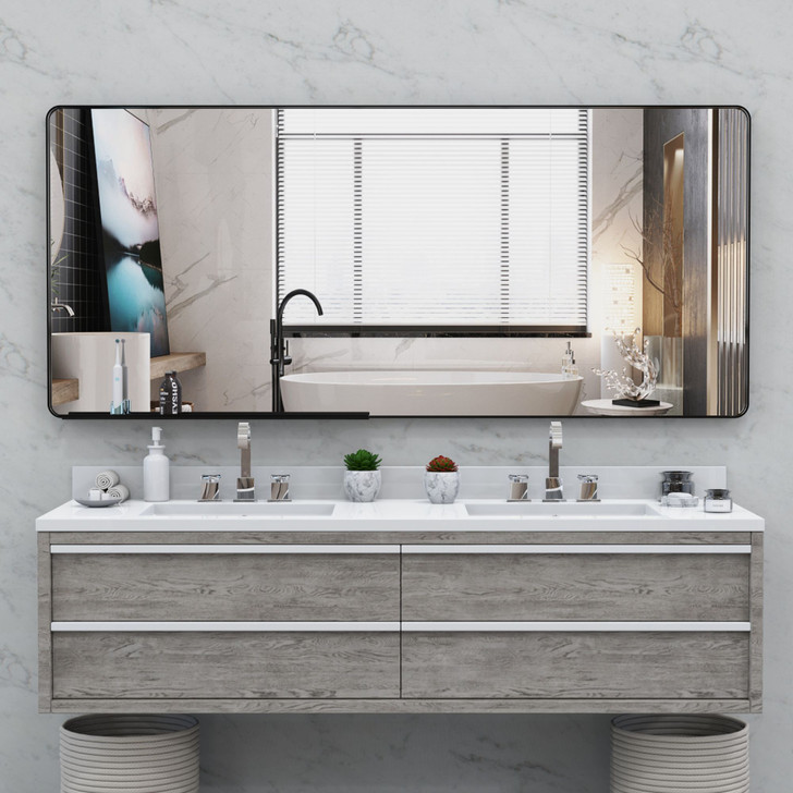 A2ZHOME Oversized Bathroom Mirror with Removable Tray, 72x32 Inch Wall Mount Mirror – Black Aluminum Framed Full