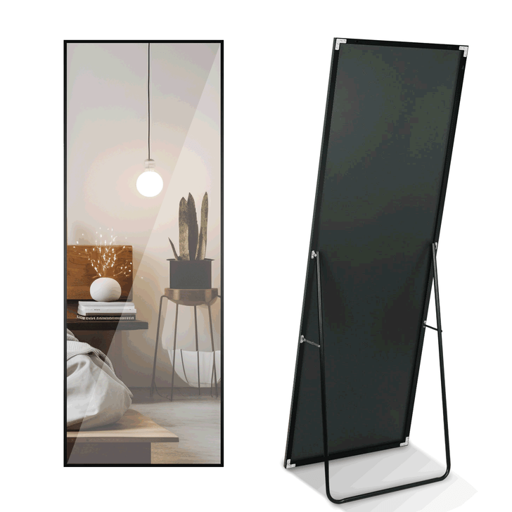 A2ZHOME 65" x 22" Black Full Length Mirror – Floor Mirror with Stand, Aluminum Frame Dressing Mirror for Bedroom