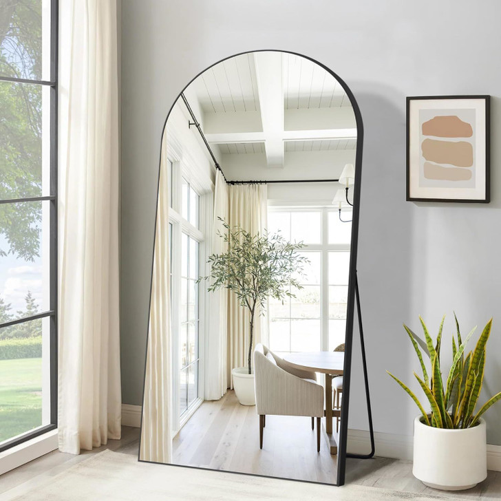 A2ZHOME 71" x 32" Black Arched Full Length Mirror with Stand – Aluminum Alloy, Shatter-Proof, Free Standing or Wall-Mounted