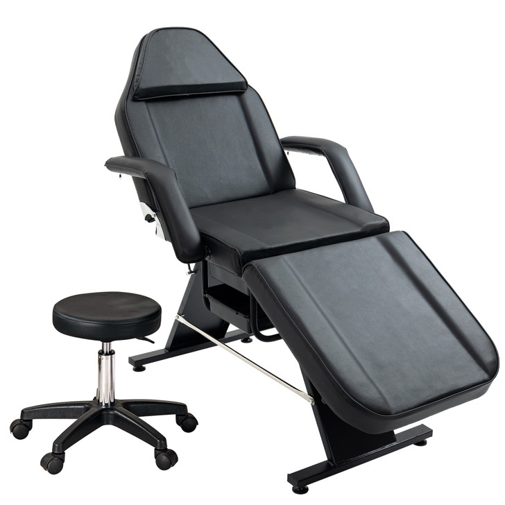 A2ZHOME Massage Salon Tattoo Chair with Two Trays - Multi-Purpose 3-Section Esthetician Bed with Hydraulic Stool, Adjustable Beauty Barber Spa Bed - Black