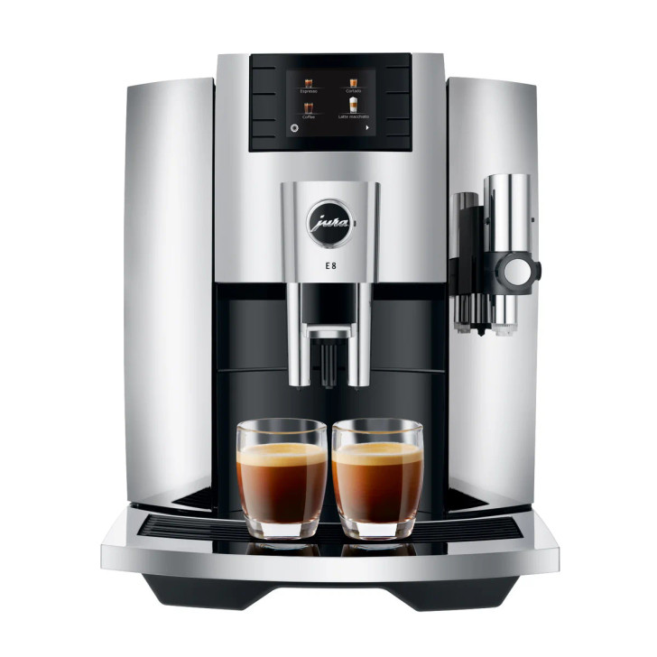 Jura E8 Automatic Espresso Machine with Milk Container, Glacette, and Milk Pipe, Chrome