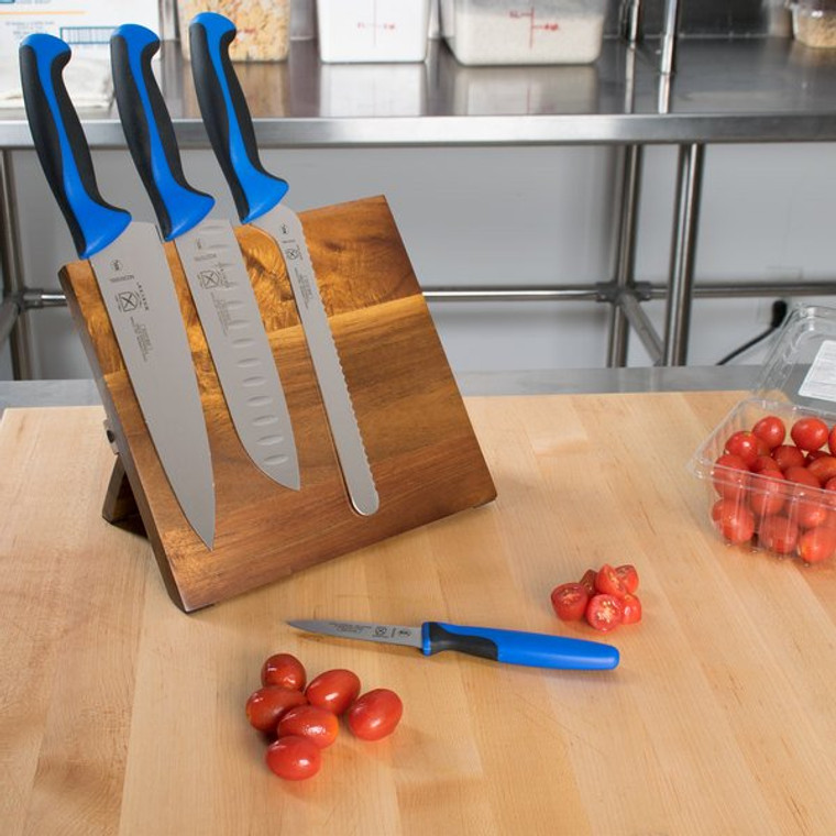 Mercer Culinary M21982BL Millennia 5-Piece Acacia Magnetic Board and Blue Handle Knife Set