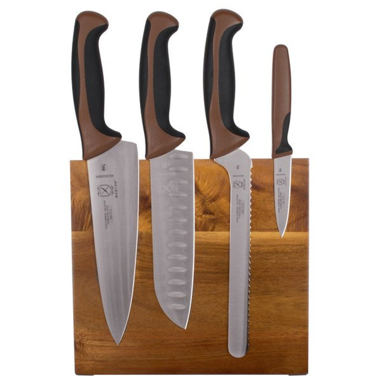 Mercer Culinary M21982BR Millennia 5-Piece Acacia Magnetic Board and Brown Handle Knife Set