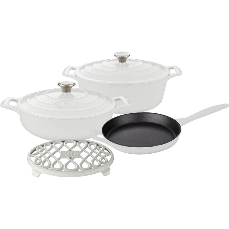 6-Piece Enameled Cast Iron Cookware Set with Saute, Skillet and Oval Casserole with Trivet in White