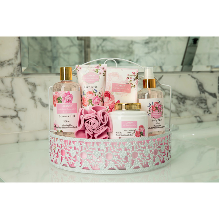Shower and Bath Caddy with Wild Rose Raspberry Body Care