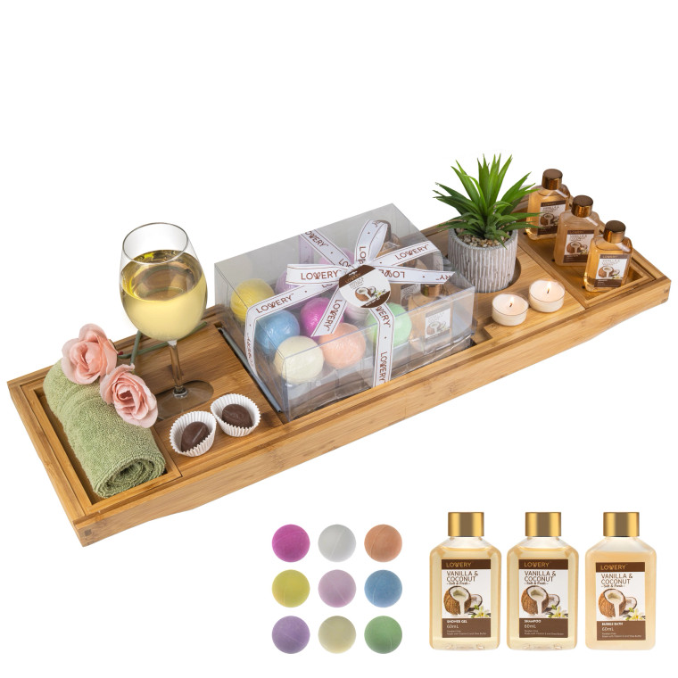 Bamboo Bathtub Caddy Gift Set - Expandable Tray + Bath Bombs