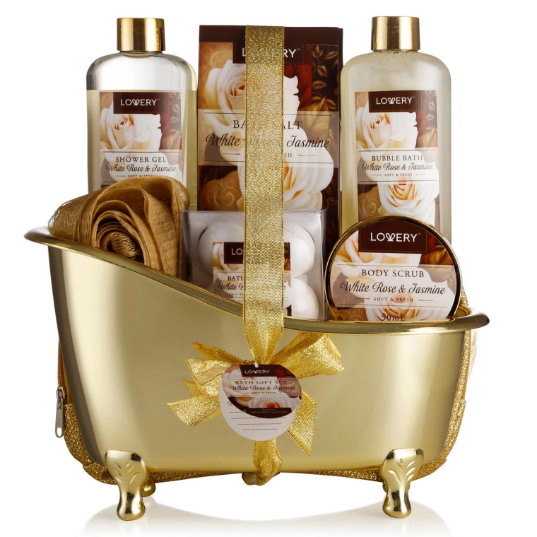 Home Spa Gift Basket, 13pc Bath & Body, White Rose Jasmine