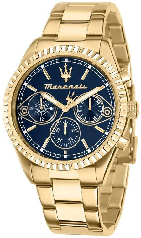 Maserati Competizione Gold Tone Stainless Steel Blue Multifunction Dial Quartz R8853100026 100m Men's Watch