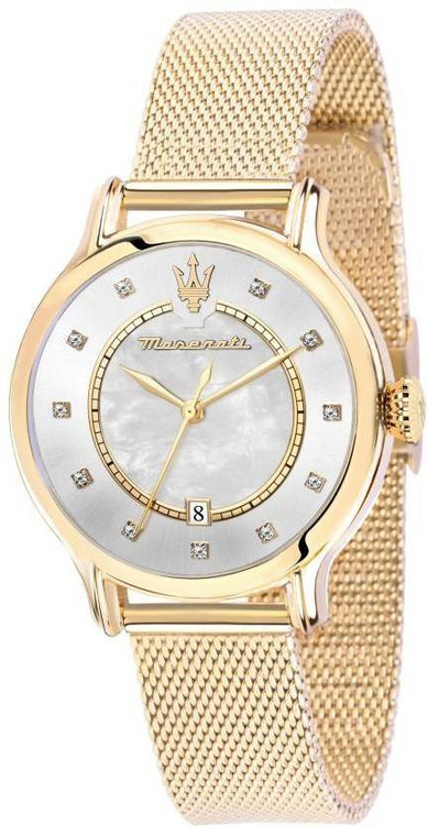 Maserati Epoca Crystal Accents Gold Tone Stainless Steel Mesh Mother Of Pearl Dial Quartz R8853118512 100m Women's Watch