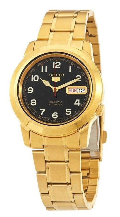 Seiko 5 Gold Tone Stainless Steel Black Dial 21 Jewels Automatic Snkk40j1 Men's Watch