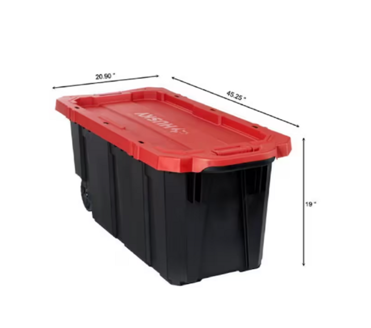 A2ZHOME 170L Stackable Storage Tote with Wheels, 20.9" X 45.25" X 19", Black Base & Red Lid (6/CASE)-A2ZHOME