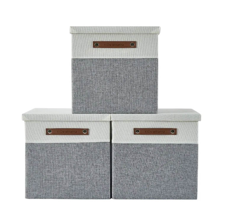 DECOMOMO Stackable Foldable Storage Bin with Lids - 3-Pack (14" X 16" X 4"), Grey and White - Set of 3-A2ZHOME