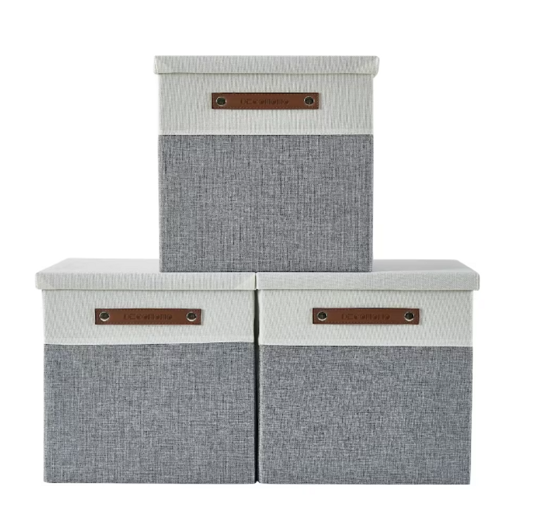 DECOMOMO Stackable 3 Packs Foldable Storage Bins w/ Lids - Grey and White 14x16x4" (Set of 3) - Neatly Organize with Style-A2ZHOME