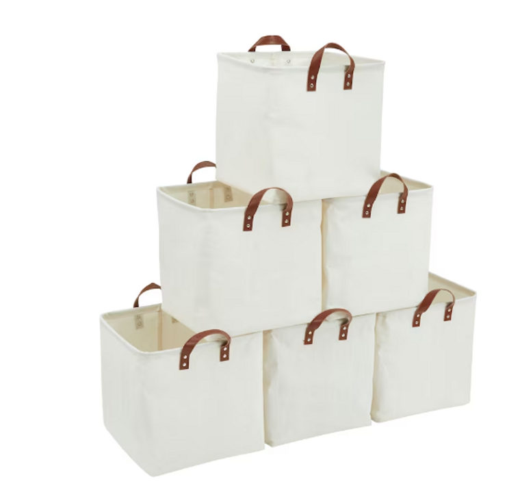 DECOMOMO 13" Cube 6 Pack Water-Resistant Storage Bin with Handles - Creamy White (13" X 13" X 4") - Efficient and Stylish Storage Solution (Set of 6)-A2ZHOME