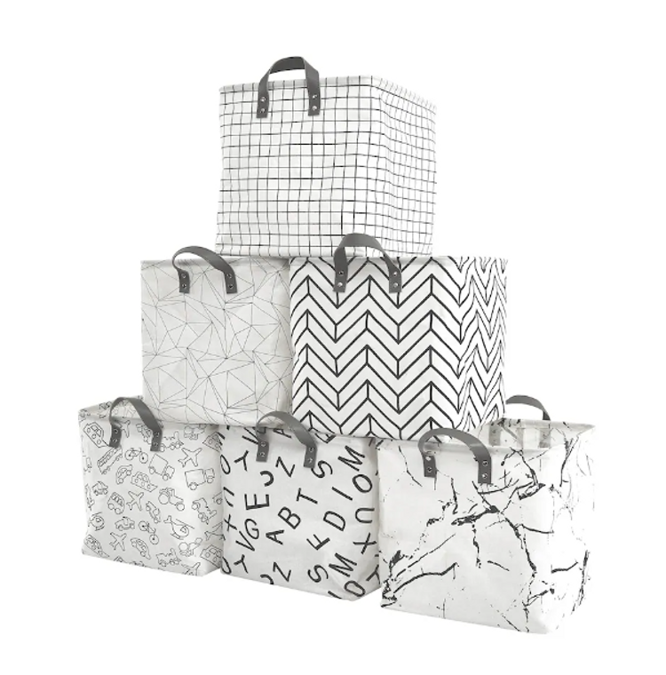 DECOMOMO 13" Cube 6 Pack Water Resistant Storage Bin with Handles - Patterned (13" X 13" X 4") - Set of 6-A2ZHOME