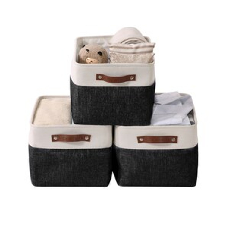 DECOMOMO Large Foldable Fabric Storage Bin W/Handles - Black and White (12" x 16" x 4") - Set of 3-A2ZHOME