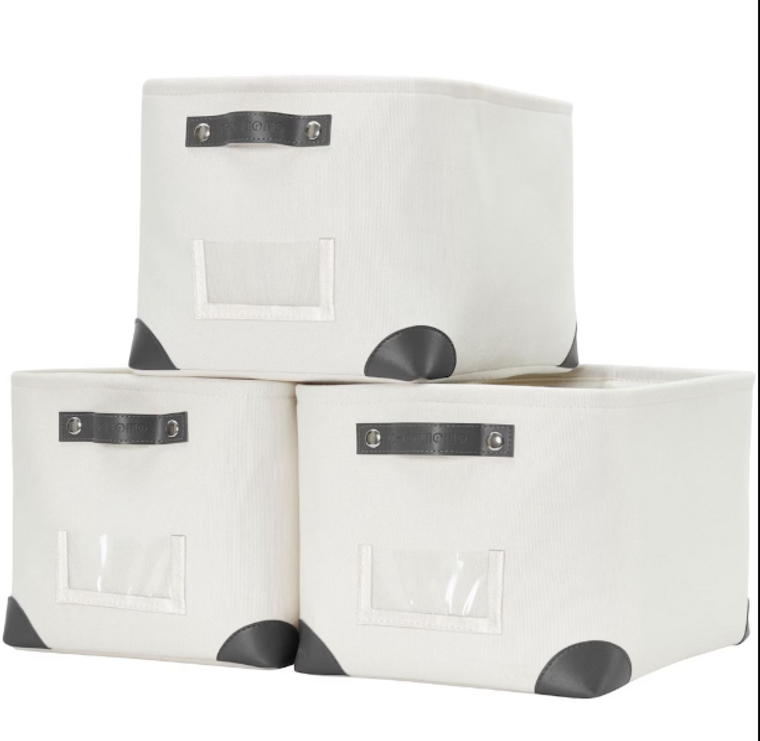 DECOMOMO Large Foldable Fabric Storage Bin W/Handles and Label Holder - Grey (Set of 3) - 12"x16"x3"-A2ZHOME