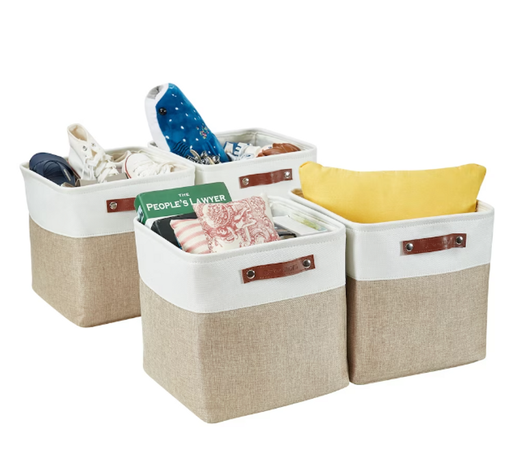 DECOMOMO Cube 11" Foldable Storage Bin with Handles - Beige and White (Set of 4) - 11"x13"x6"-A2ZHOME