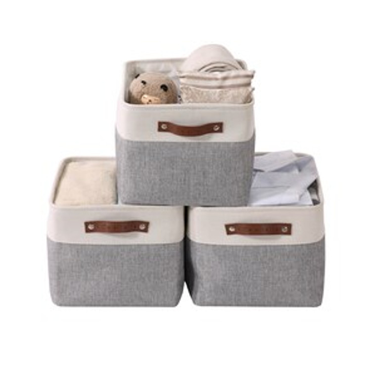 DECOMOMO 3 Pack Extra Large Foldable Fabric Storage Bin with Handles - Grey and White (Set of 3) - 14"x16"x4"-A2ZHOME