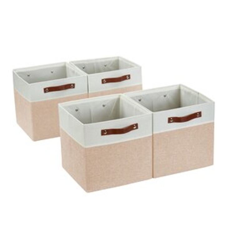 DECOMOMO 13" Cube Collapsible Sturdy Storage Bin - Beige and White (Set of 4) - 13"x13"x4"-A2ZHOME